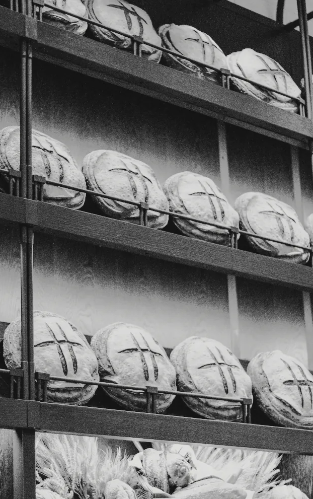 Shelves of scored loaves, in black and white